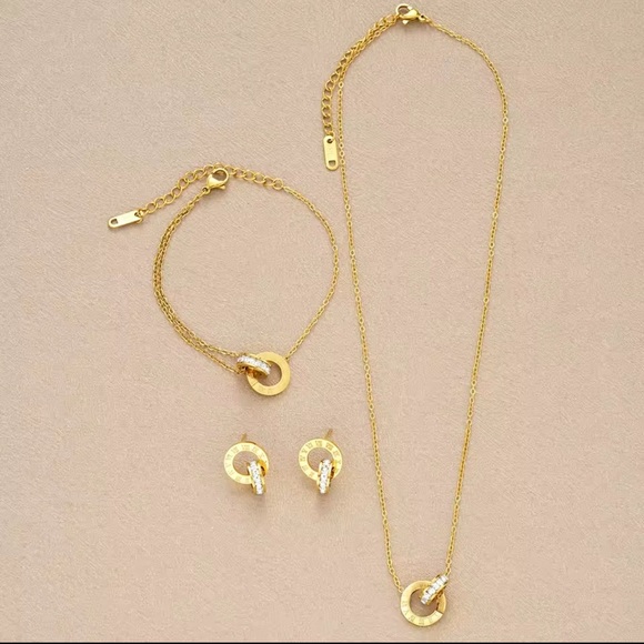 NIB 4 Pc Set Gold Plated Bold Roman Numeral Stainless Steel & Zircon Jewelry Set - Picture 6 of 16